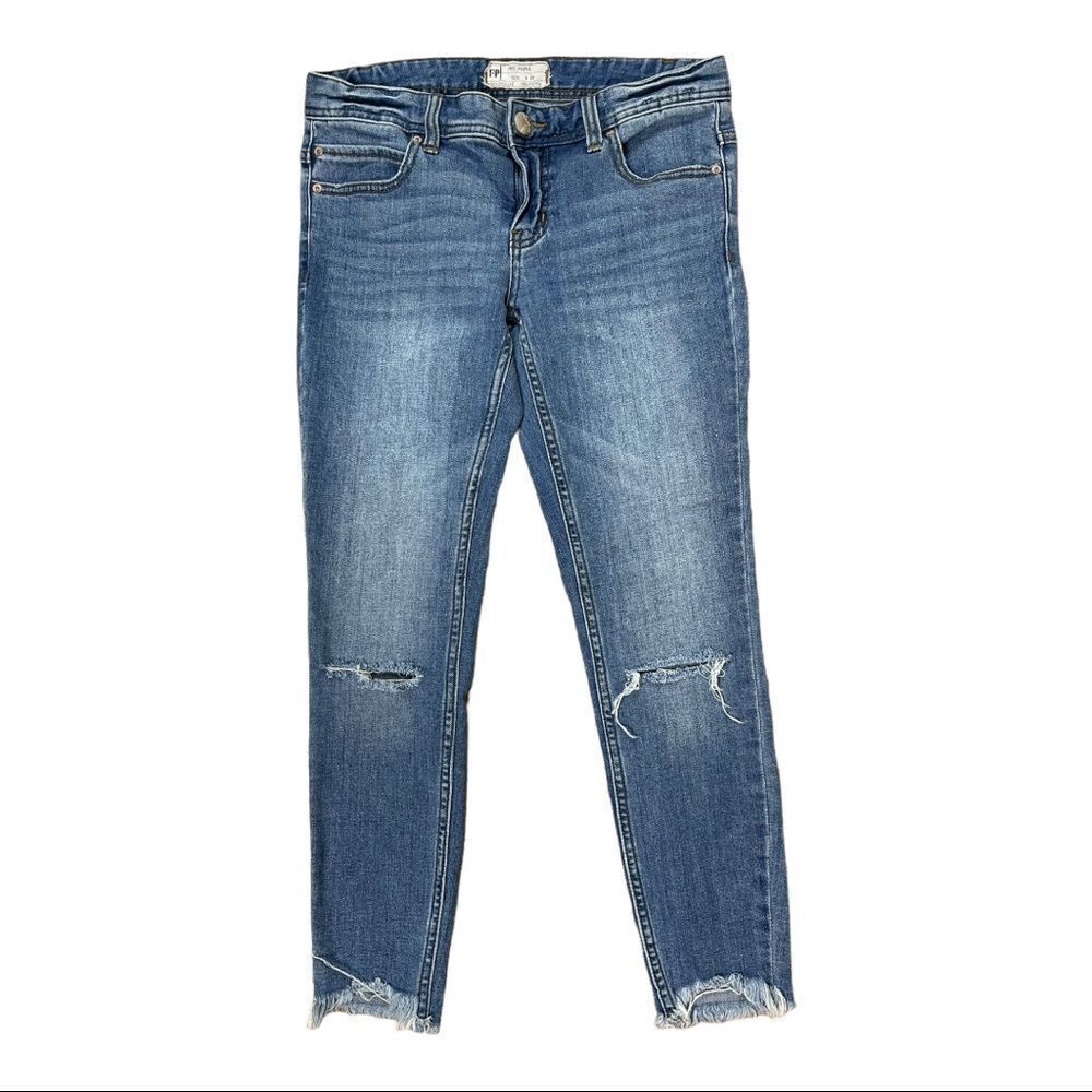 Free People Skinny Crop Jeans Womens 26 Blue Stretch Distressed Raw Hem EUC